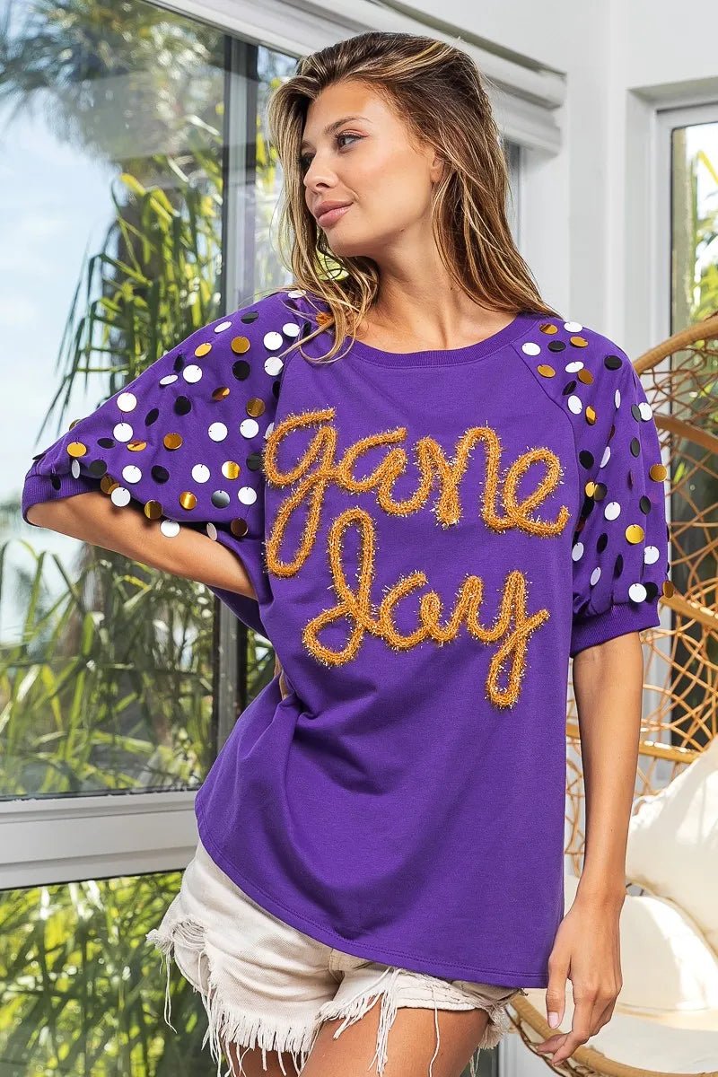 BiBi Game Day Metallic Letter Spangle Sleeve Top - JUST - JEN BOUTIQUE