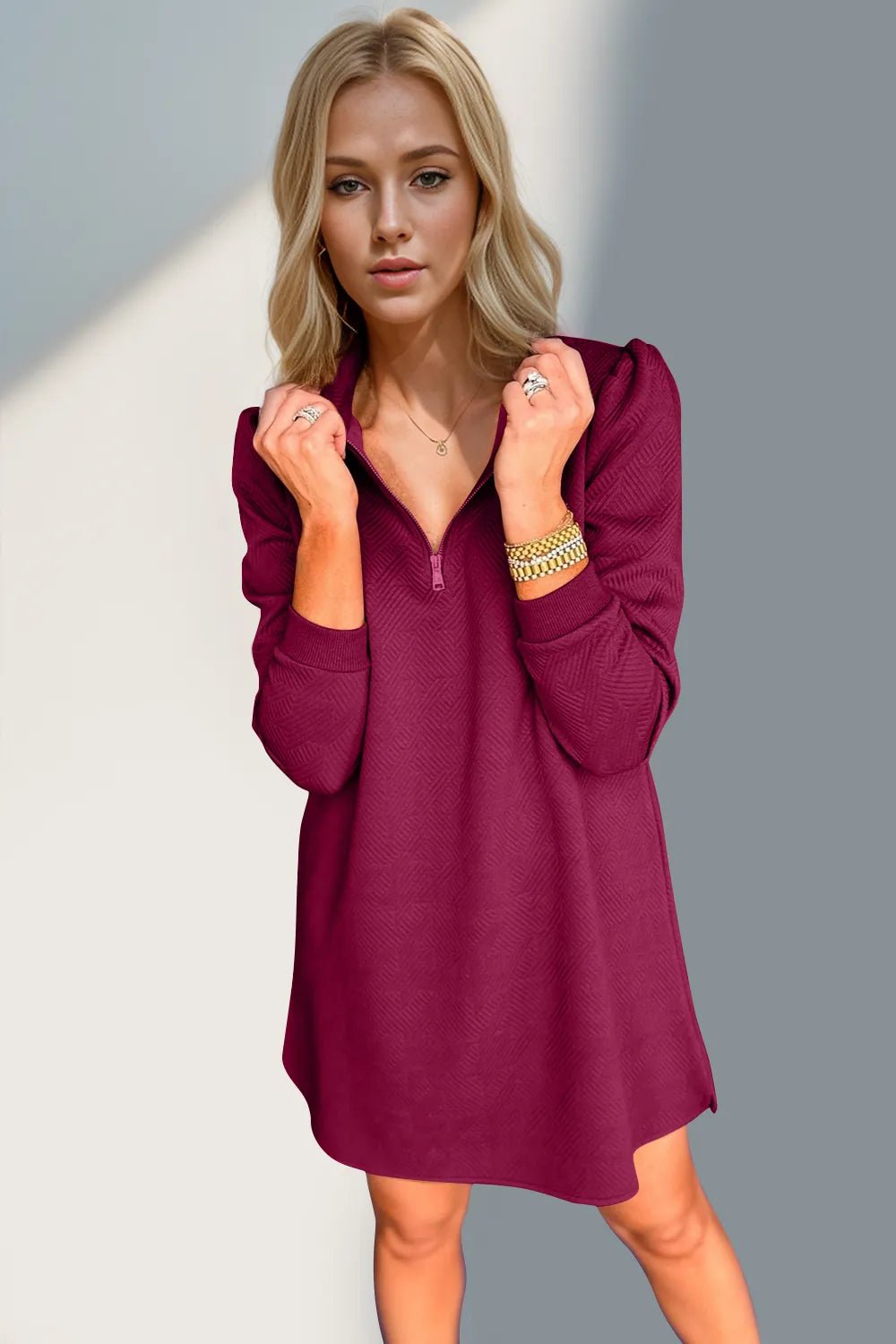 Double Take Textured Quarter Zip Long Sleeve Dress - JUST - JEN BOUTIQUE