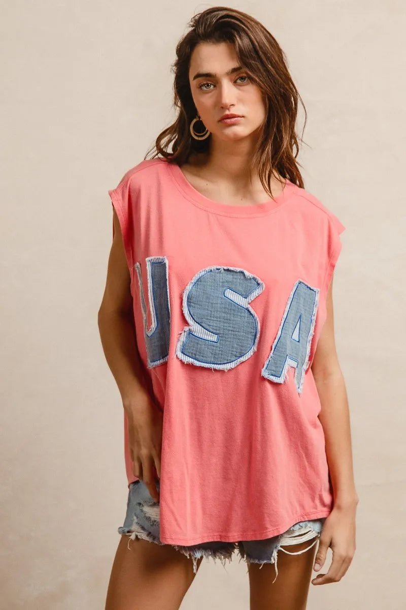 BiBi Washed Jersey With Usa Patched Raw Cut Edge Detail - JUST - JEN BOUTIQUE