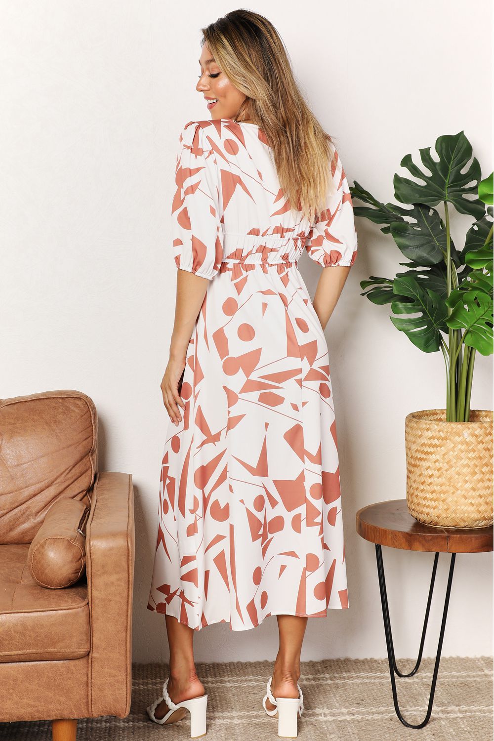 Printed Surplice Balloon Sleeve Dress - JUST - JEN BOUTIQUE