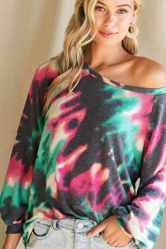 BiBi Tie Dye Print Terry Top with Puff Sleeves - JUST - JEN BOUTIQUE