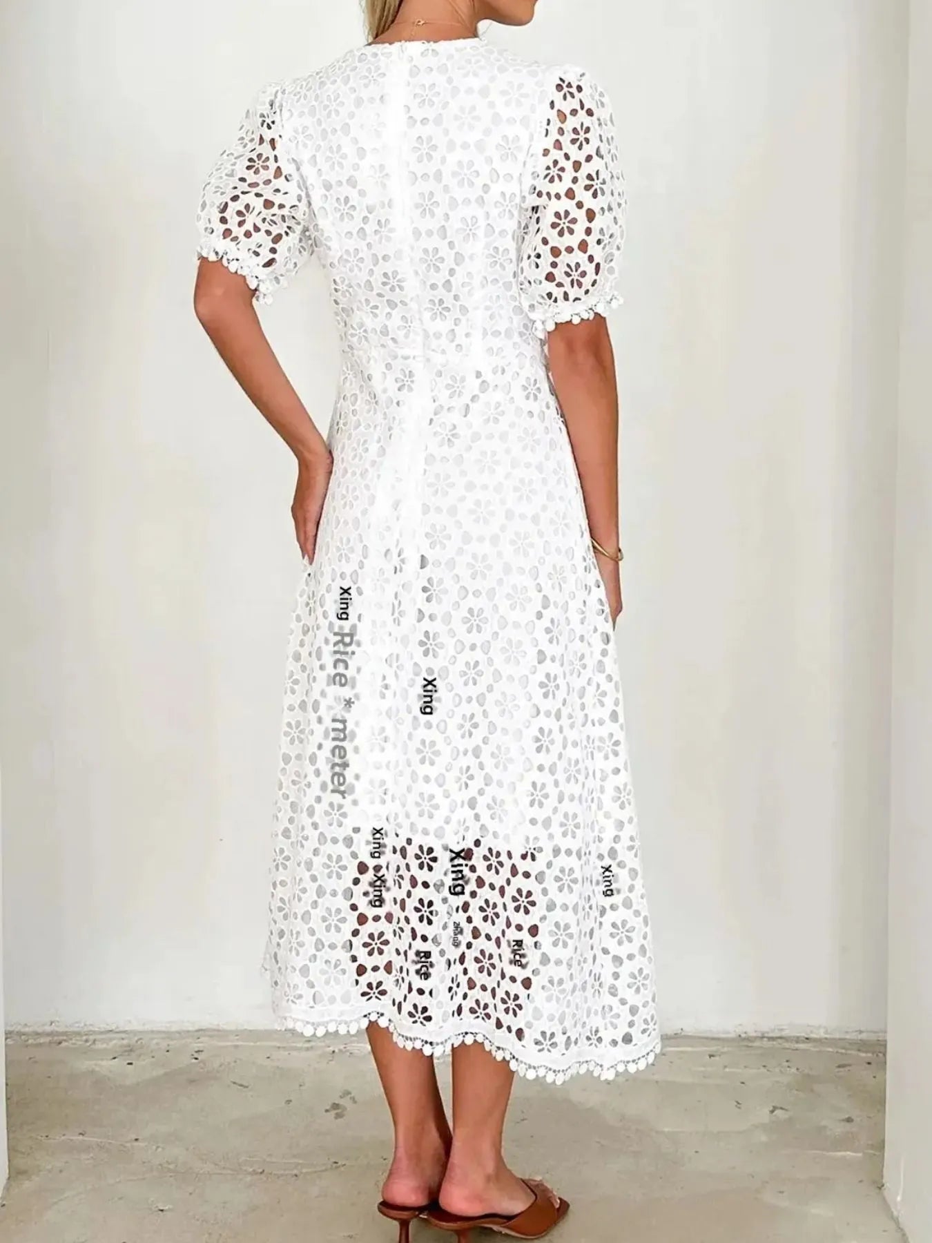 Eyelet Lace V - Neck Midi Dress with Puff Sleeves - JUST - JEN BOUTIQUE