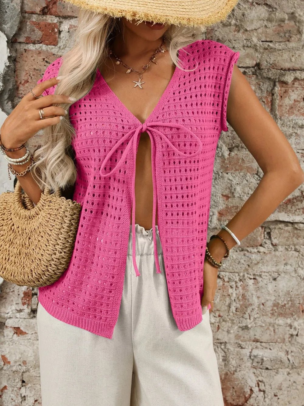 Tied Front Openwork V - Neck Knit Top - JUST - JEN BOUTIQUE