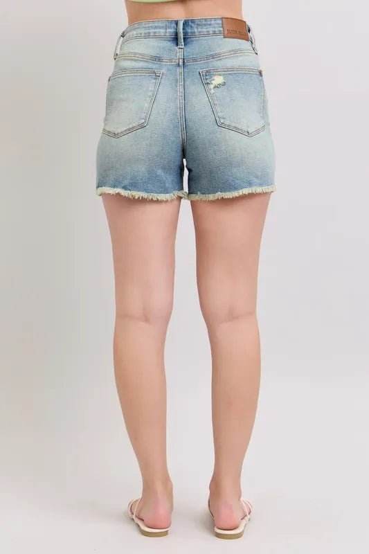 Judy Blue Full Size High Rise Washed Fly Stitch Detail and Destroy Denim Shorts Plus Size - JUST - JEN BOUTIQUE