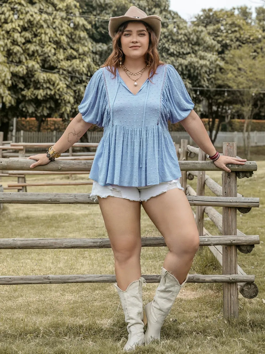 Plus Size Swiss Dot Tie Neck Short Sleeve Blouse - JUST - JEN BOUTIQUE