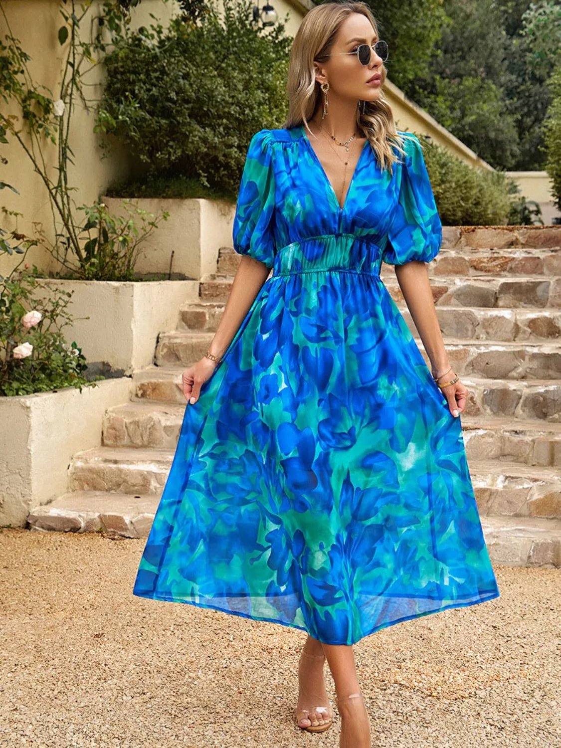 Printed Puff Sleeve Midi Dress - JUST - JEN BOUTIQUE