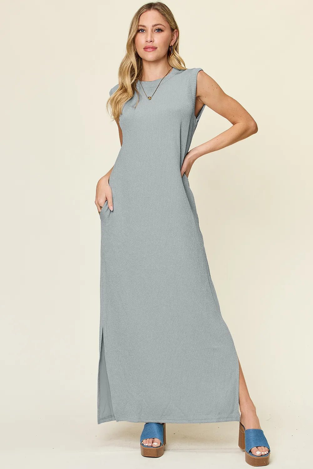 Double Take Full Size Texture Mock Neck Sleeveless Maxi Dress - JUST - JEN BOUTIQUE
