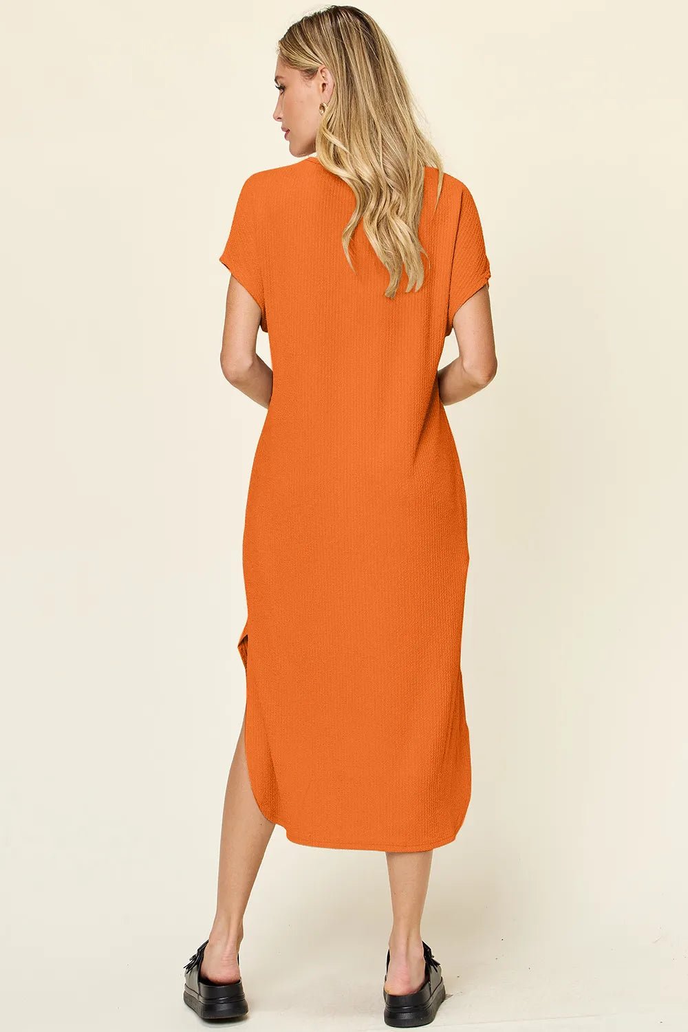 Double Take Full Size Round Neck Short Sleeve Slit Dress - JUST - JEN BOUTIQUE
