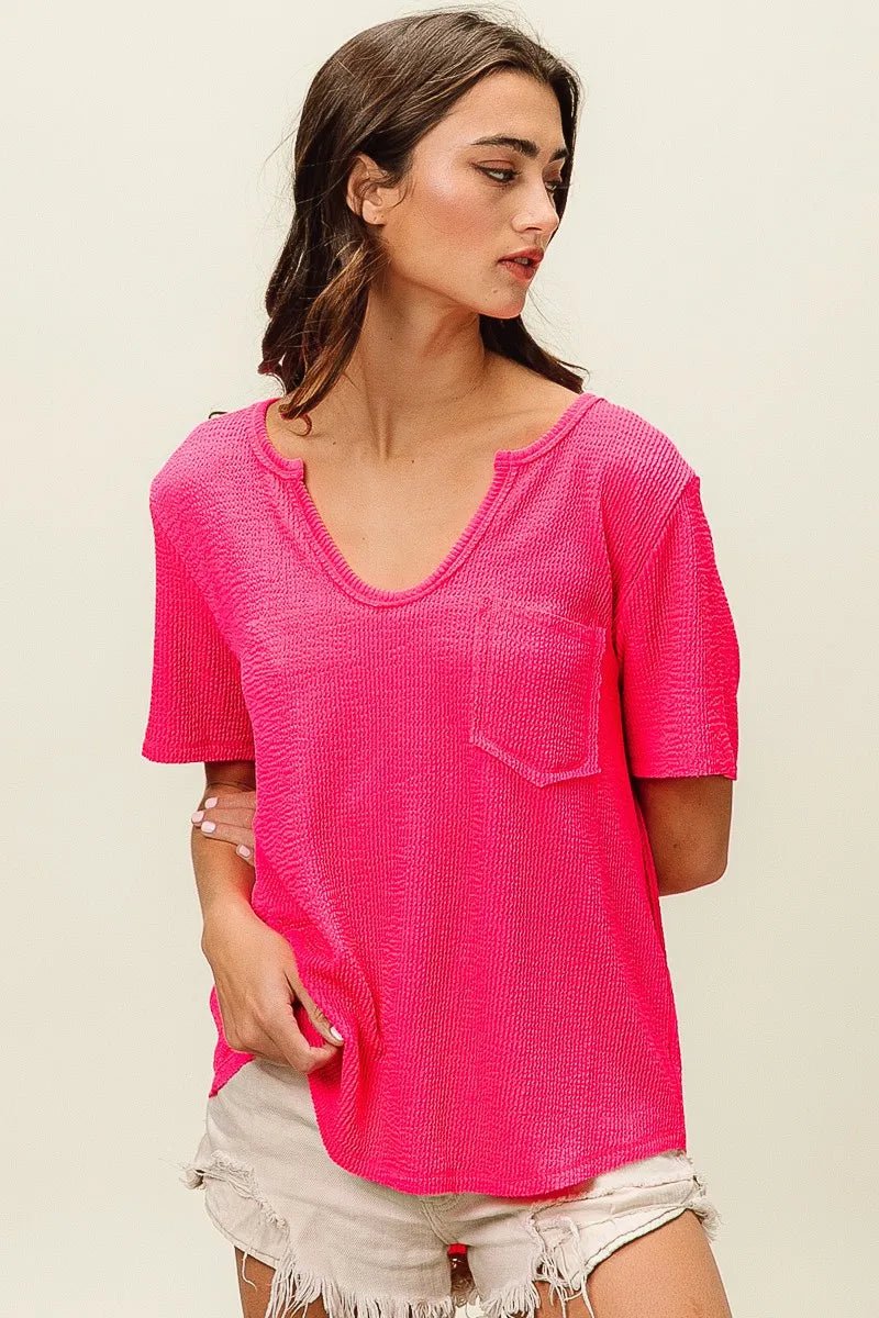 BiBi Waved Rib U Neck Top With Front Pocket - JUST - JEN BOUTIQUE