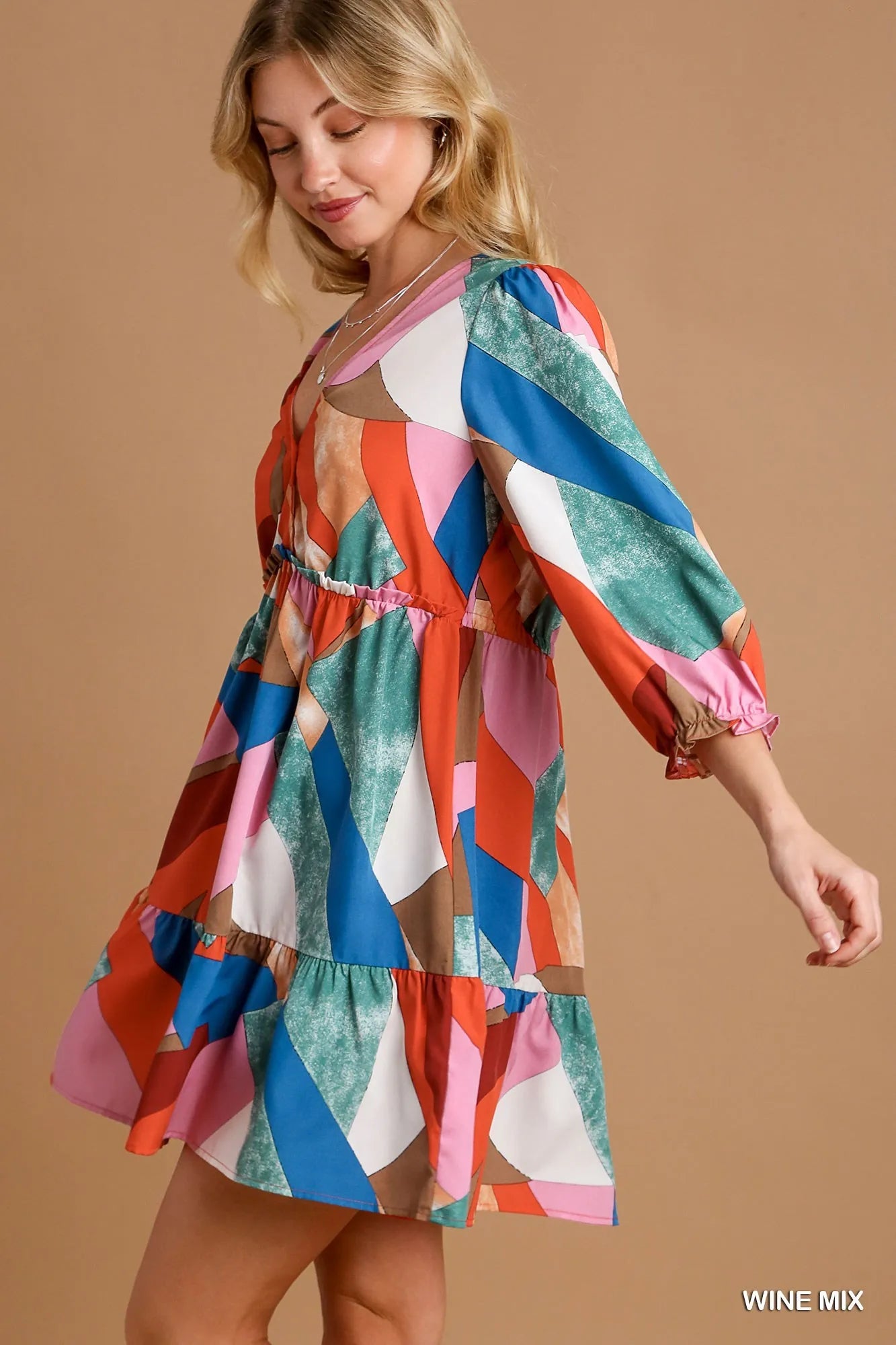 Umgee Abstract V - Neck Tiered Printed Dress - JUST - JEN BOUTIQUE