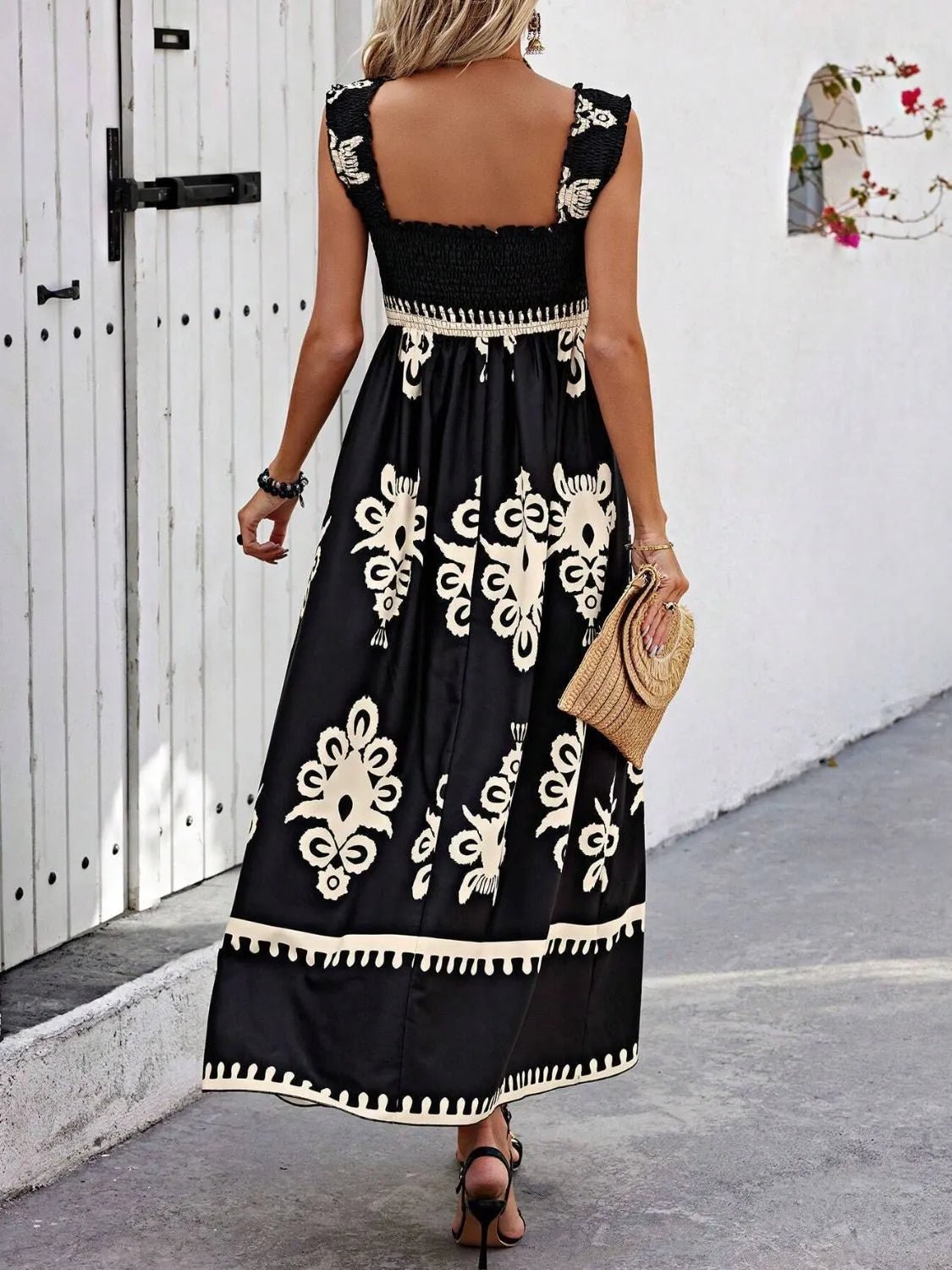 Smocked Printed Wide Strap Maxi Dress - JUST - JEN BOUTIQUE