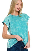 Zenana Crinkle Washed Round Neck Folded Short Sleeve Tee - JUST - JEN BOUTIQUE