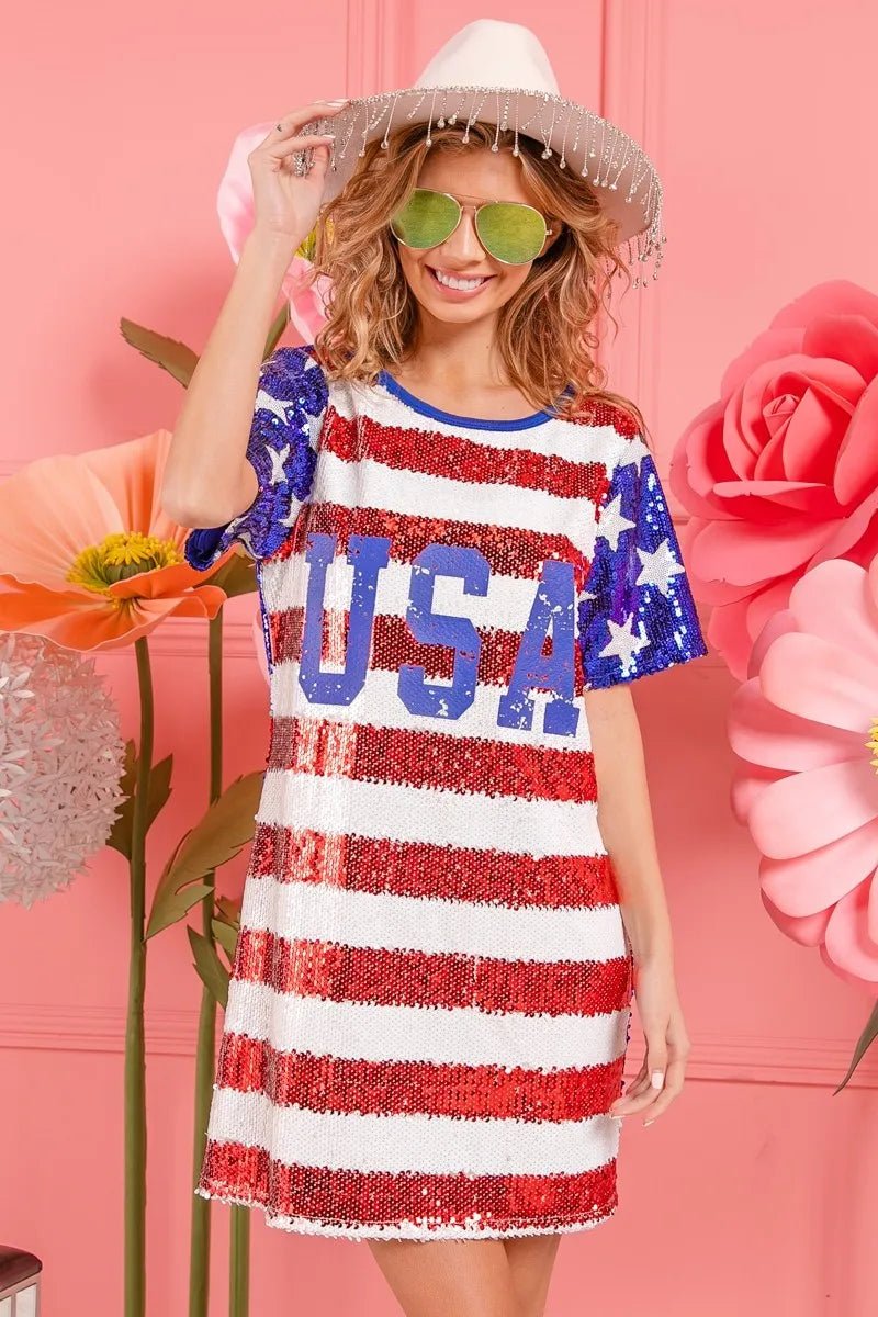 BiBi American Flag Theme Usa Print Sequin Dress - JUST - JEN BOUTIQUE
