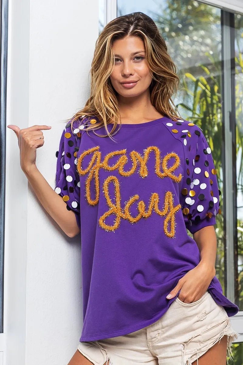 BiBi Game Day Metallic Letter Spangle Sleeve Top - JUST - JEN BOUTIQUE