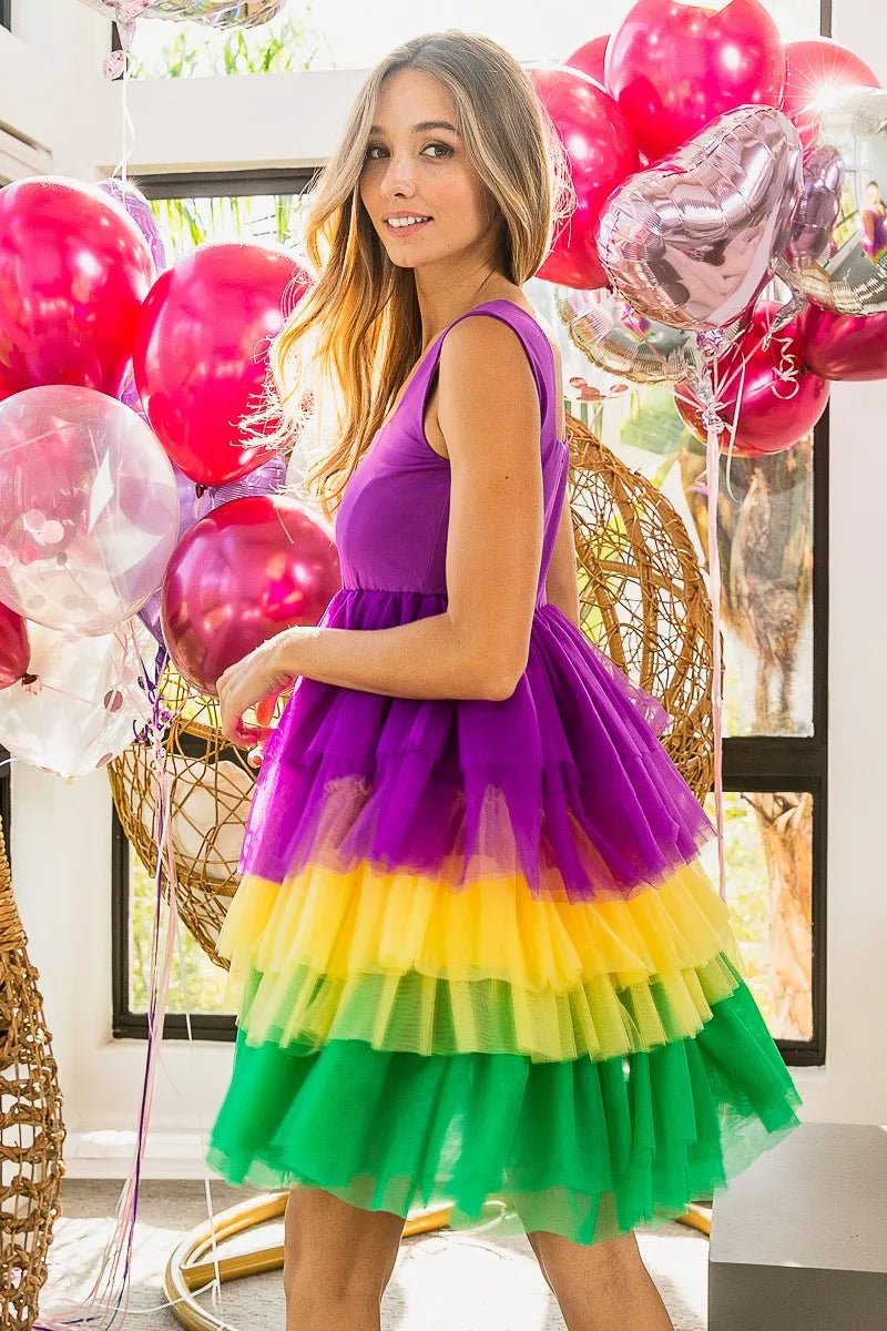 BiBi Mardi Gras Color Block Layered Mesh Tiered Dress - JUST - JEN BOUTIQUE