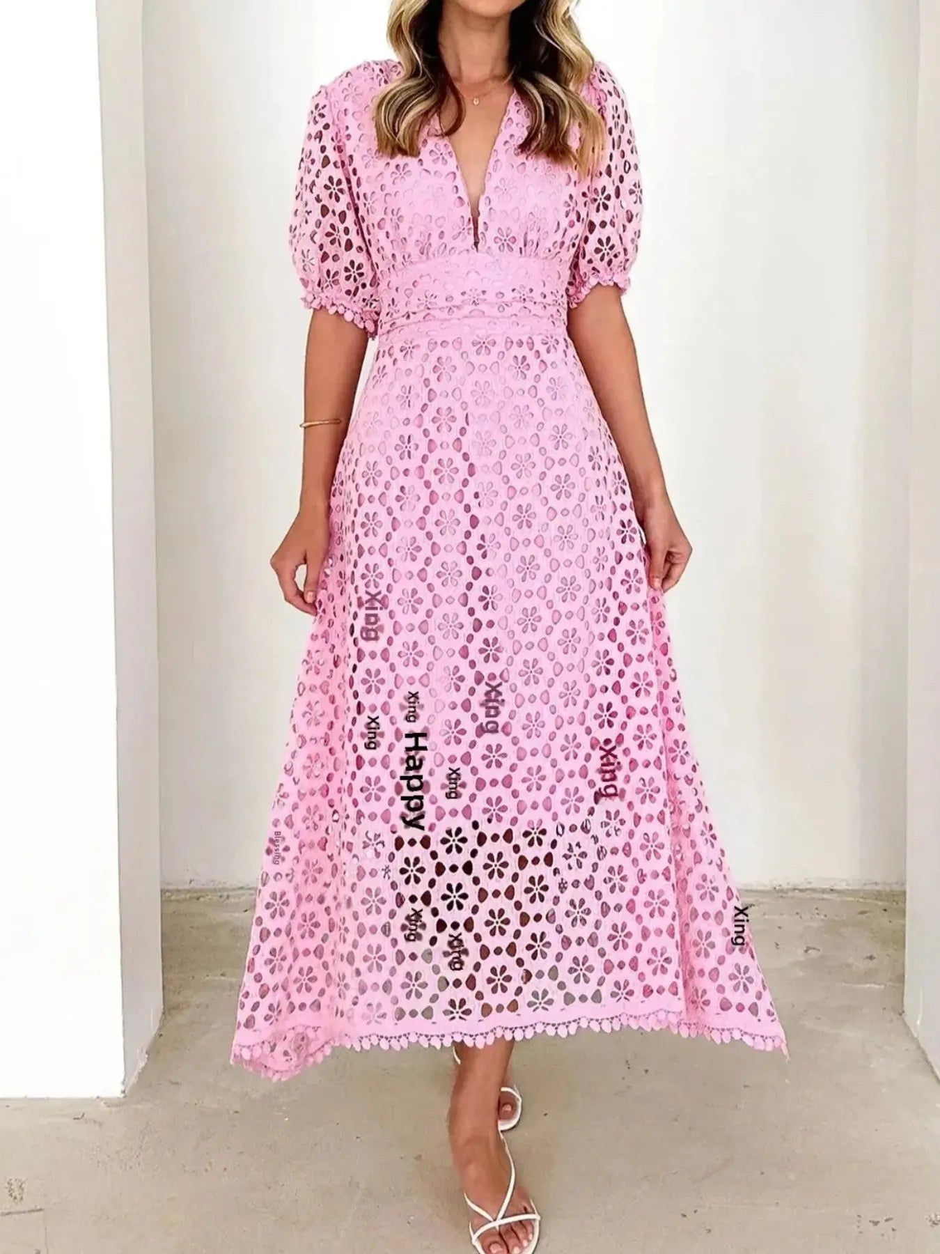 Eyelet Lace V - Neck Midi Dress with Puff Sleeves - JUST - JEN BOUTIQUE