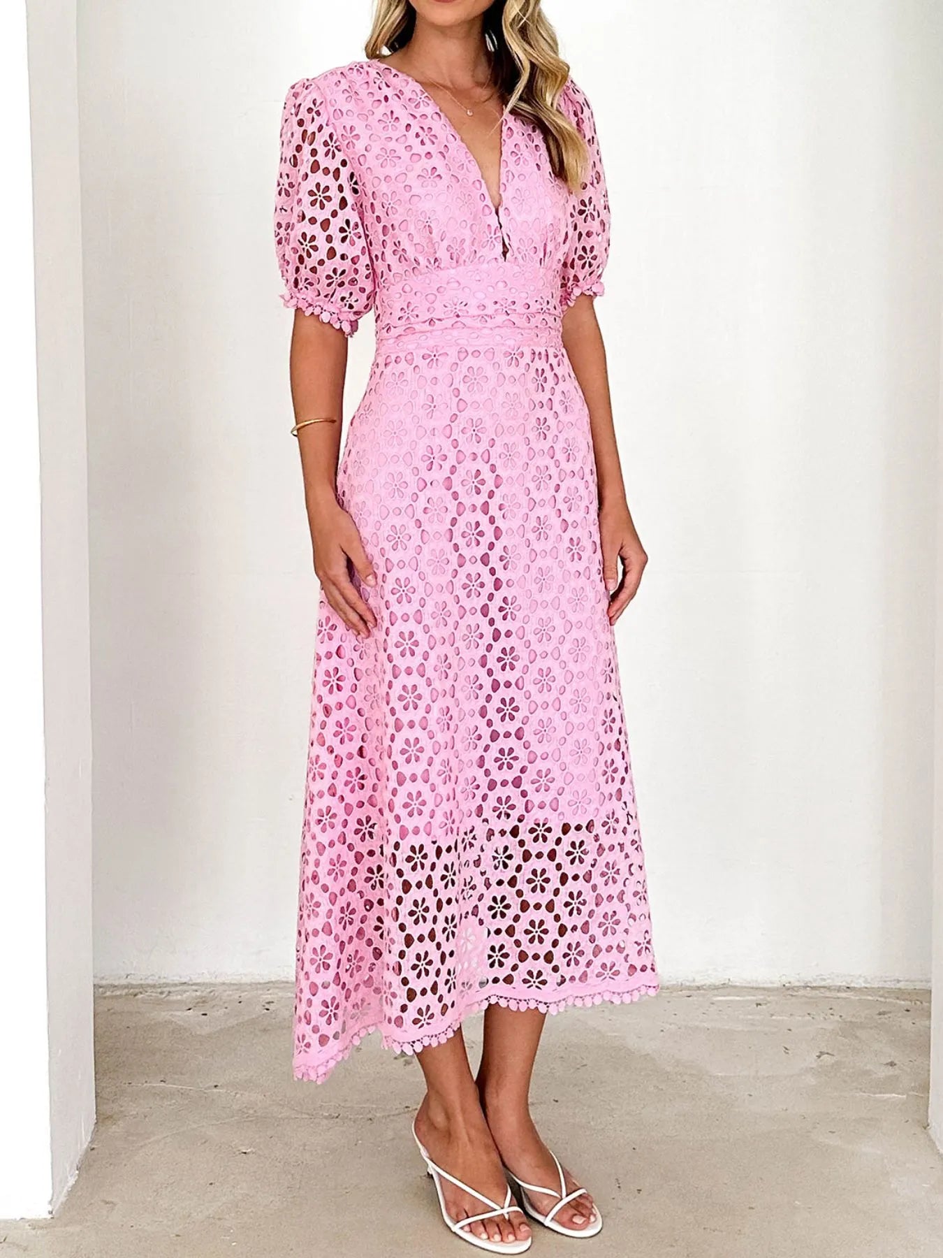 Eyelet Lace V - Neck Midi Dress with Puff Sleeves - JUST - JEN BOUTIQUE