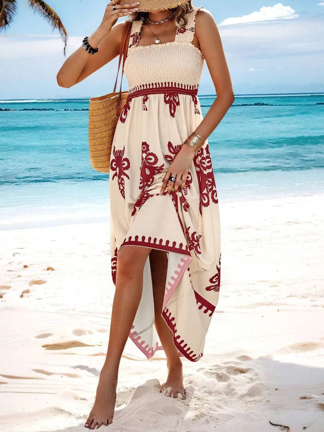 Smocked Printed Wide Strap Maxi Dress - JUST - JEN BOUTIQUE