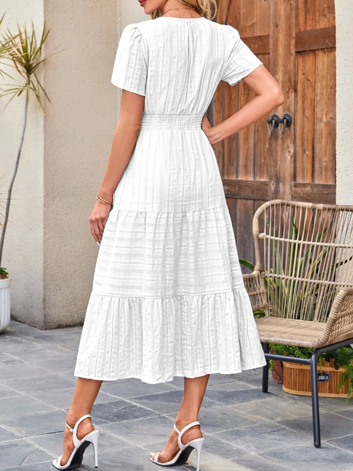 Tiered Notched Short Sleeve Dress - JUST - JEN BOUTIQUE