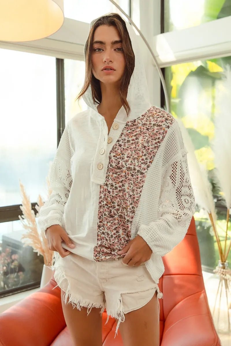 BiBi Slub Jersey with Lace Combo Buttoned Hoodie Top - JUST - JEN BOUTIQUE