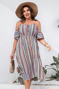 Plus Size Striped Cold - Shoulder Dress - JUST - JEN BOUTIQUE