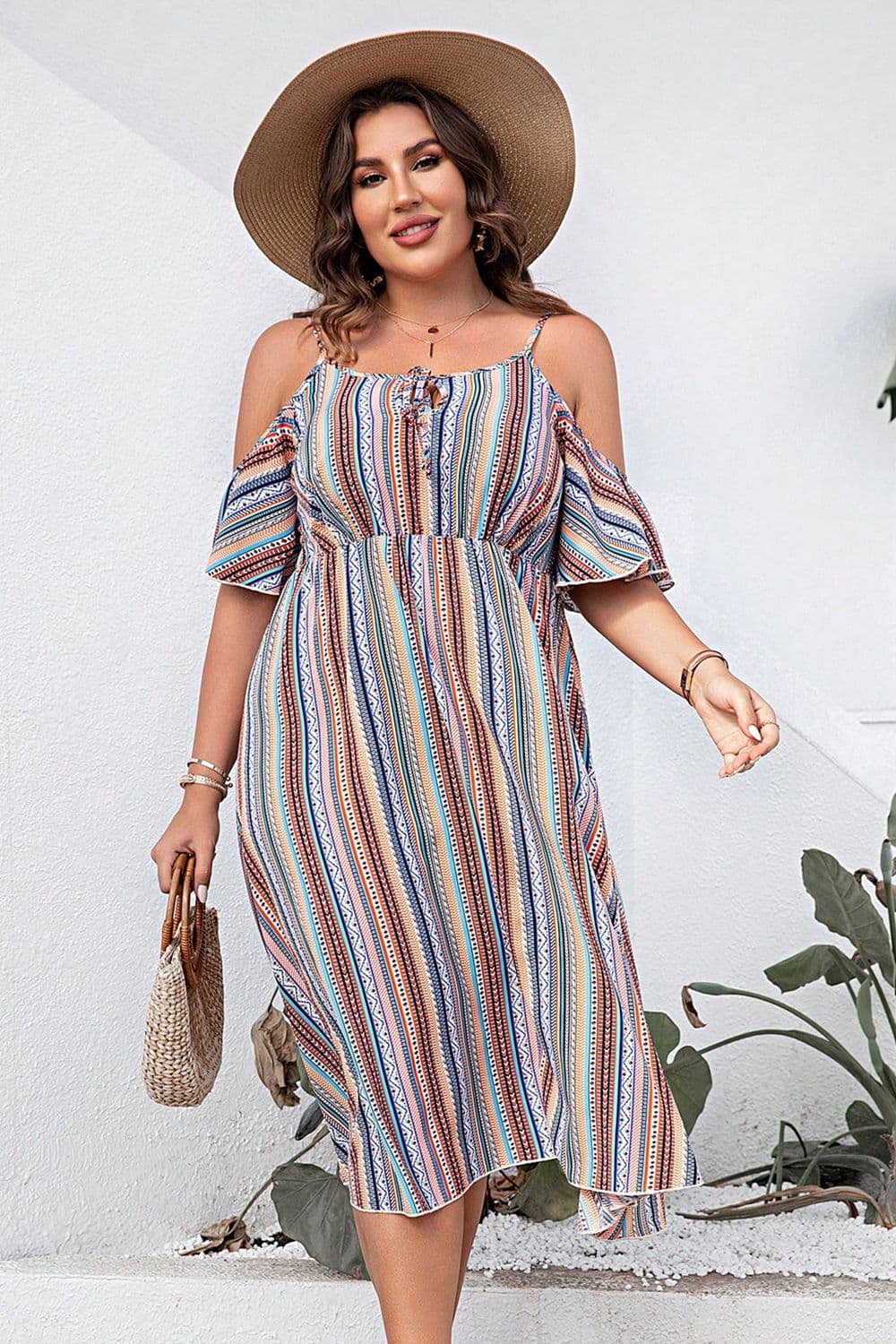 Plus Size Striped Cold - Shoulder Dress - JUST - JEN BOUTIQUE