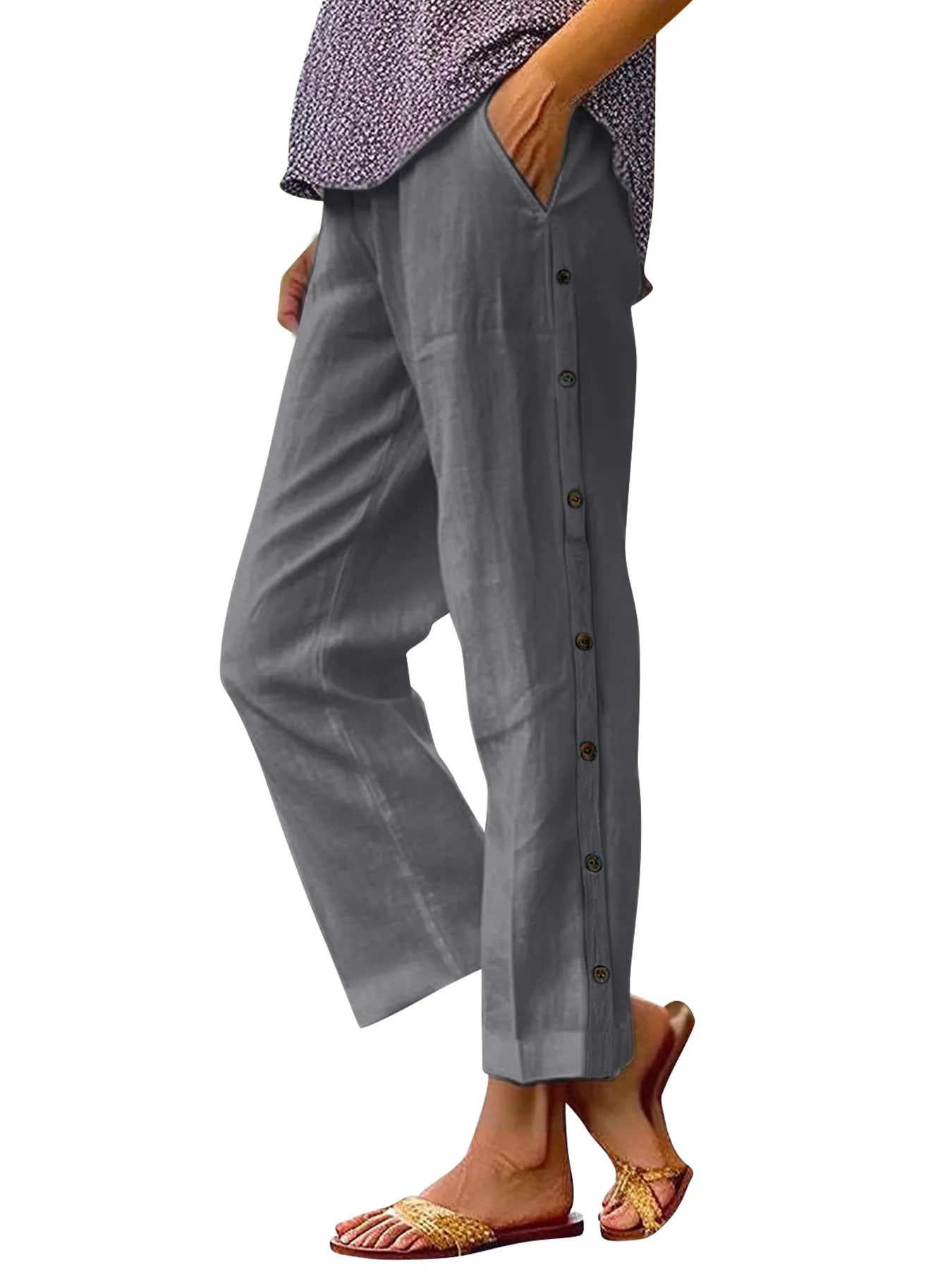 Full Size Side Decor Button Casual Wide Leg Pants Plus Size - JUST - JEN BOUTIQUE