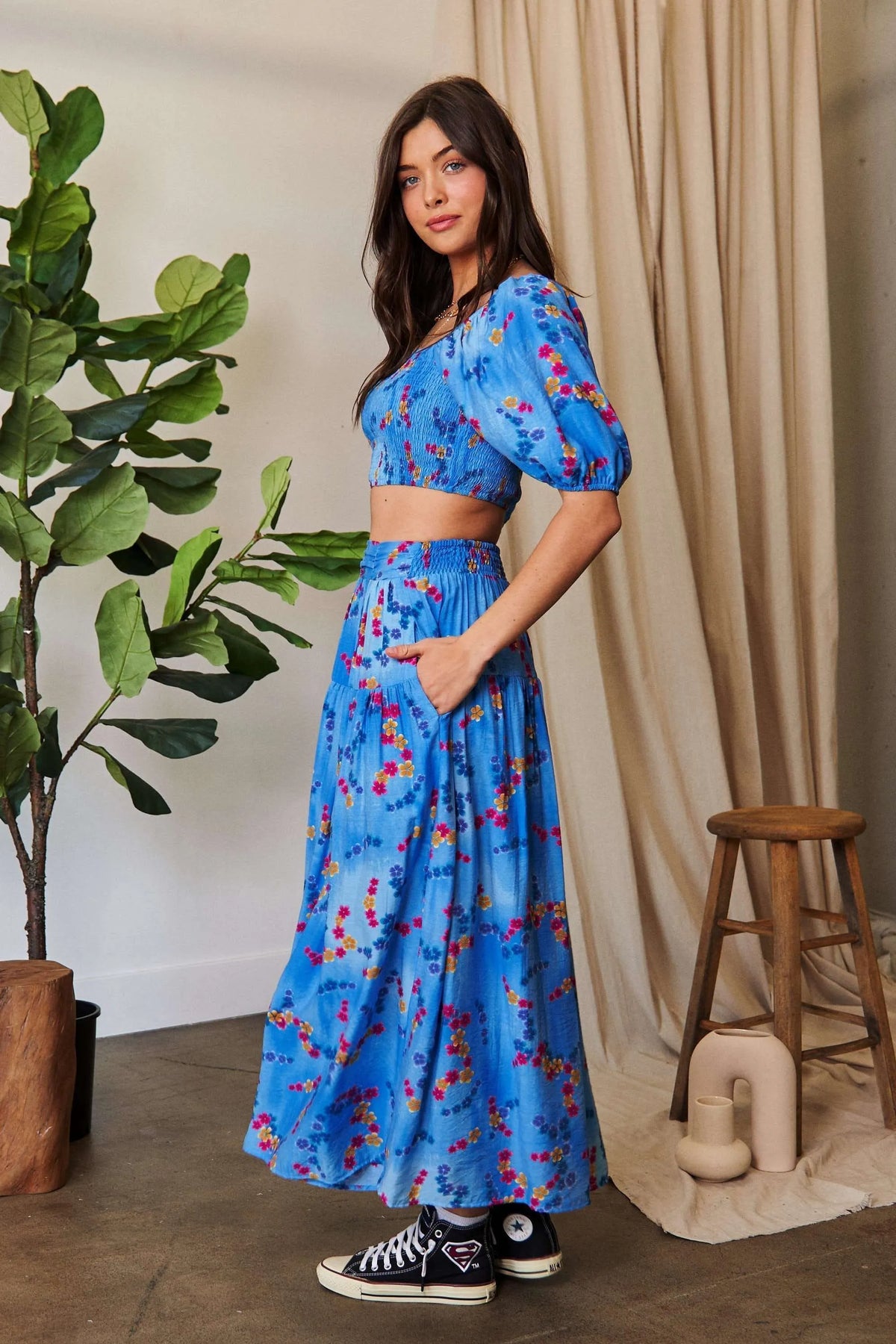 Davi & Dani Printed Smocking Waistband Ruffled Maxi Skirt - JUST - JEN BOUTIQUE