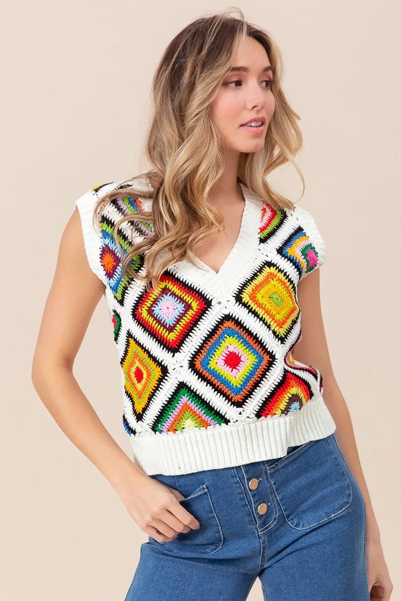 BiBi Diamond Granny Square Sweater Vest - JUST - JEN BOUTIQUE