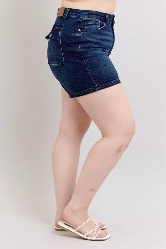 Judy Blue Full Size High Waist Back Flap Pocket Denim Shorts Plus Size - JUST - JEN BOUTIQUE