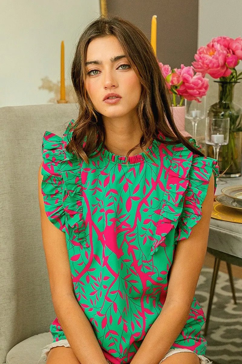 BiBi Leopard Leaves Print Woven Top - JUST - JEN BOUTIQUE