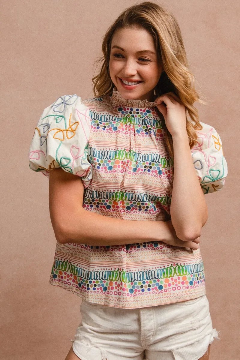 BiBi Ruffle Neckline Blouse With Embroidery Bubble Sleeve - JUST - JEN BOUTIQUE