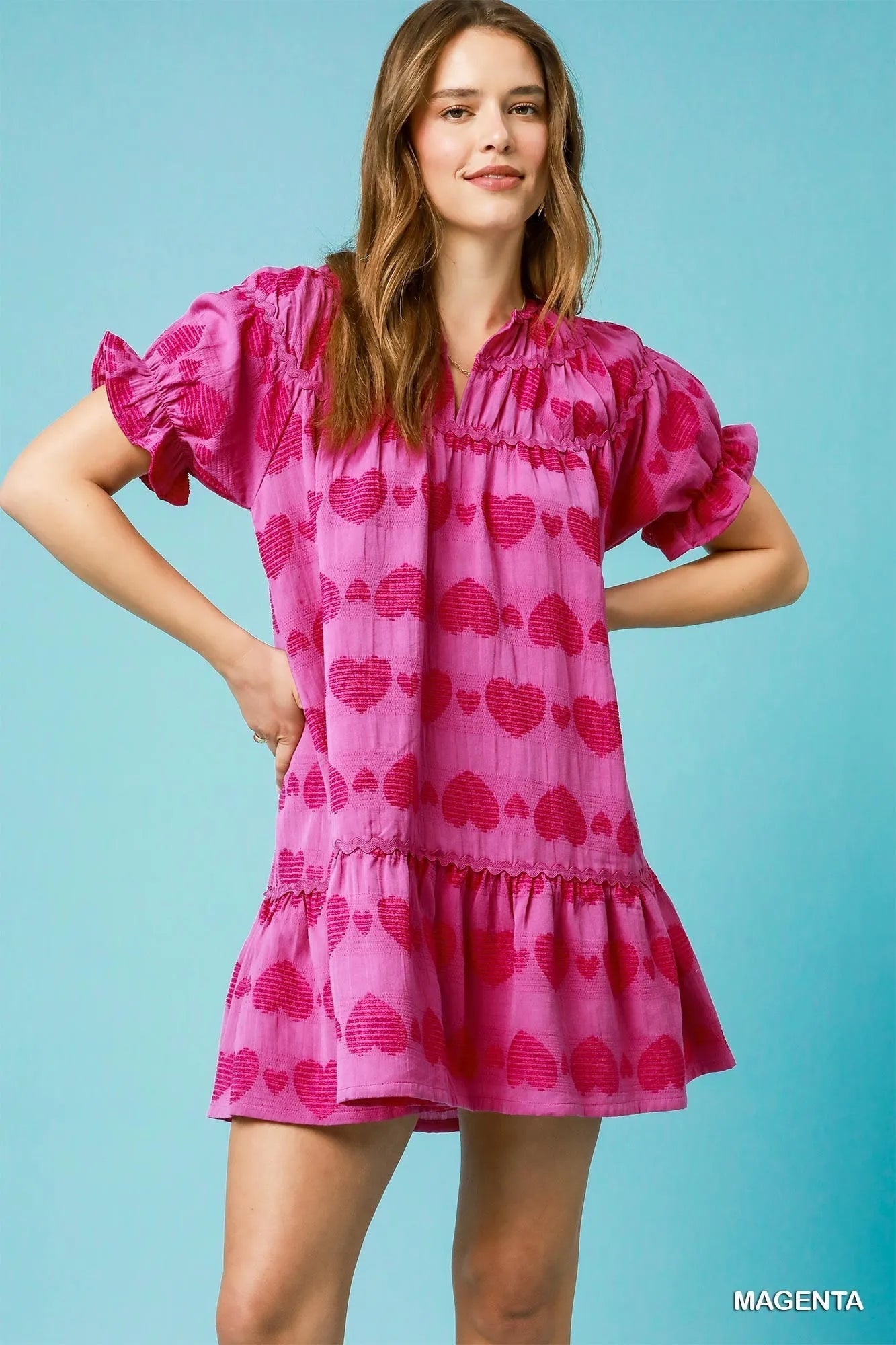 Umgee Heart Pattern Short Sleeve Ruffle Babydoll Dress - JUST - JEN BOUTIQUE