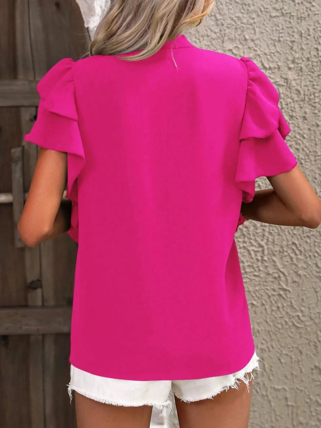 Ruffle Sleeve Notched Blouse - JUST - JEN BOUTIQUE