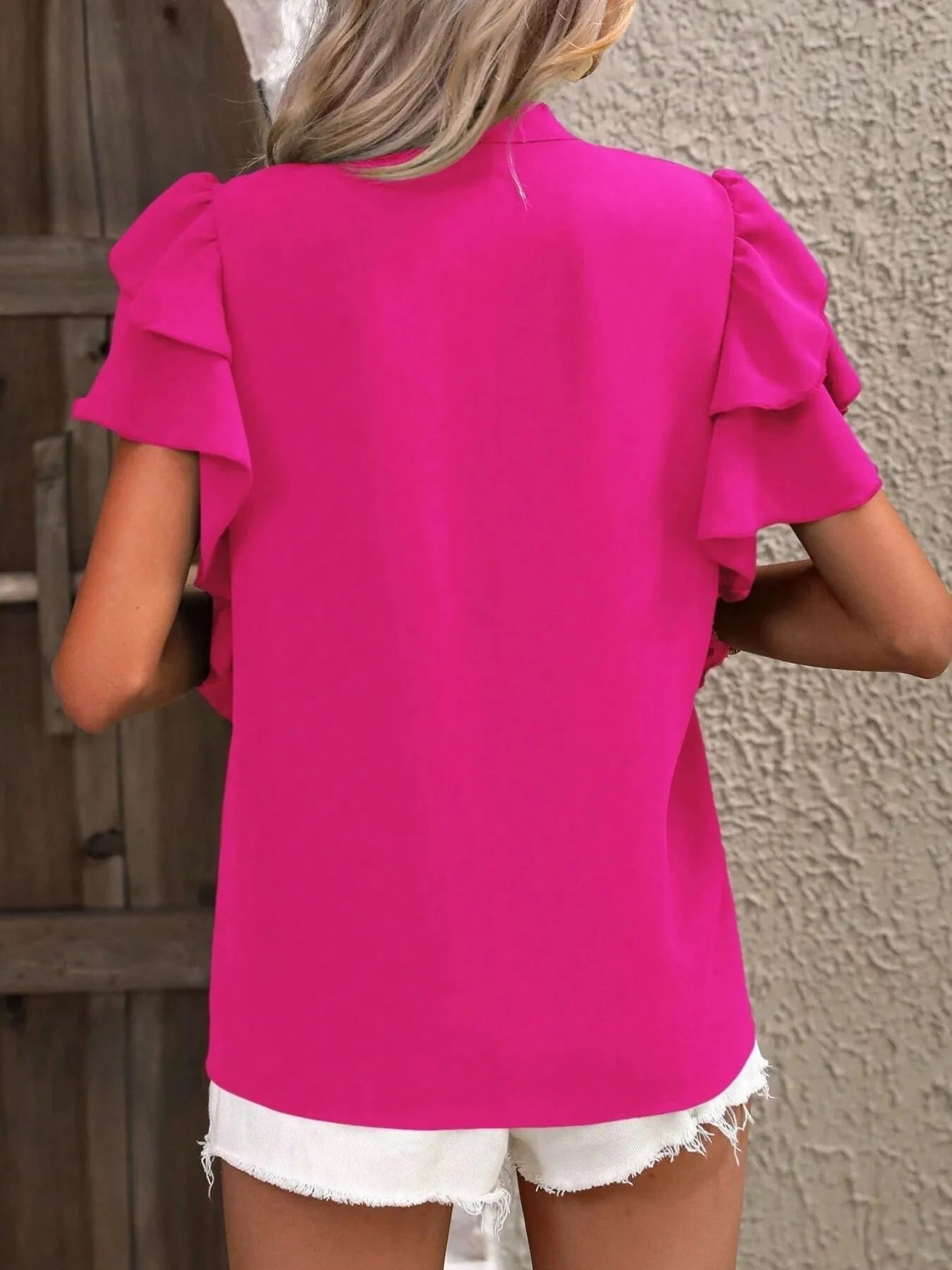 Ruffle Sleeve Notched Blouse - JUST - JEN BOUTIQUE