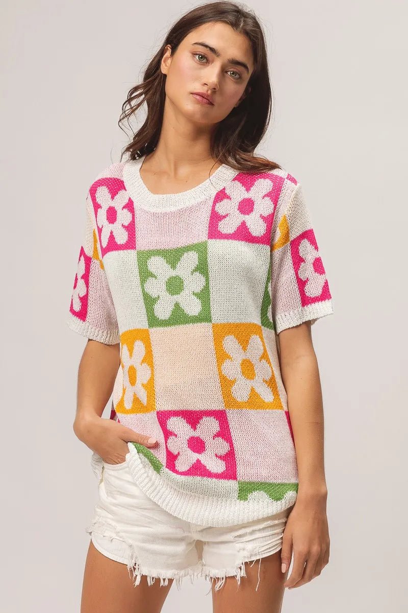 BiBi Flower Checker Pattern Lightweight Sweater Top - JUST - JEN BOUTIQUE