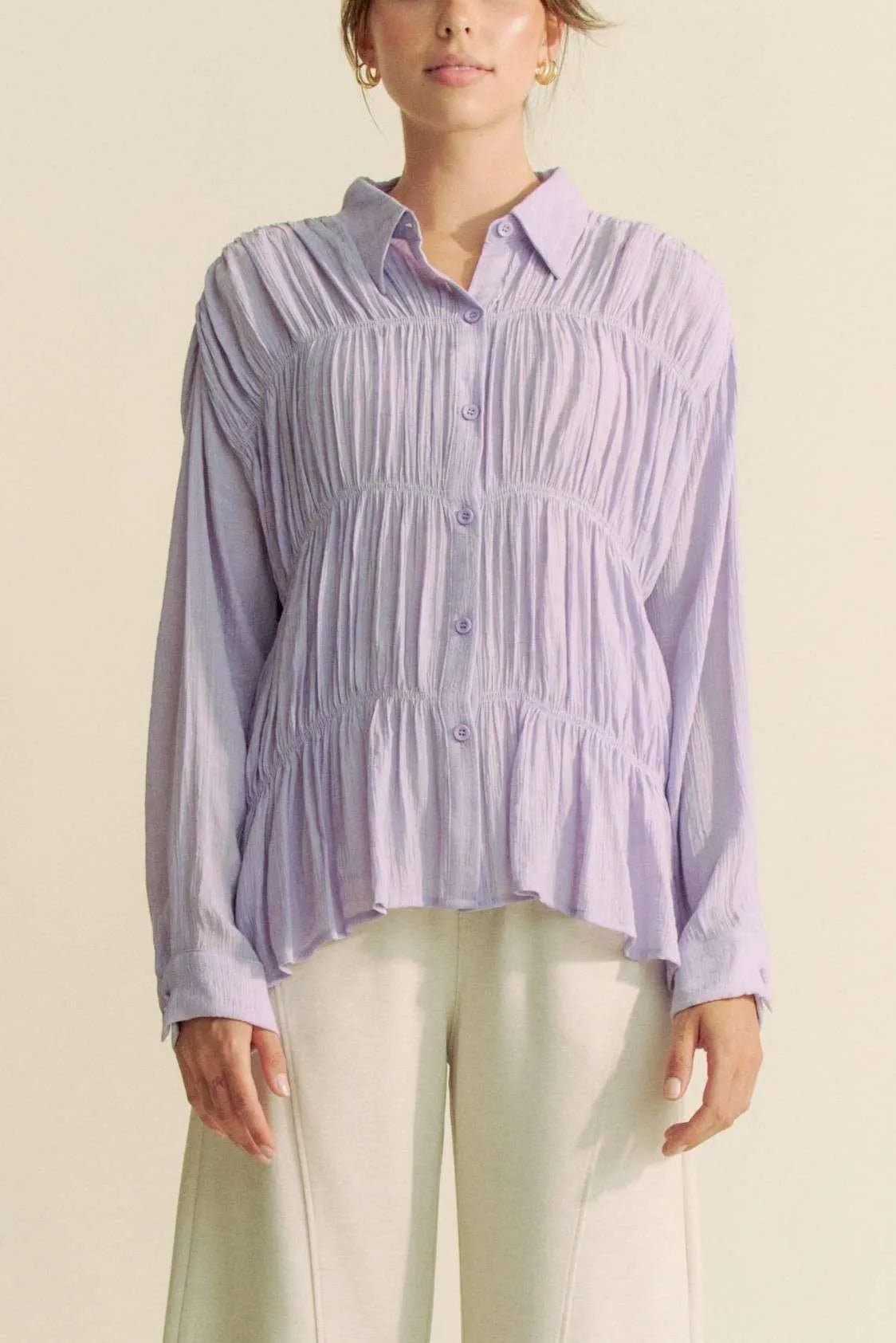 Davi & Dani Ruched All Over Button Front Shirt - JUST - JEN BOUTIQUE