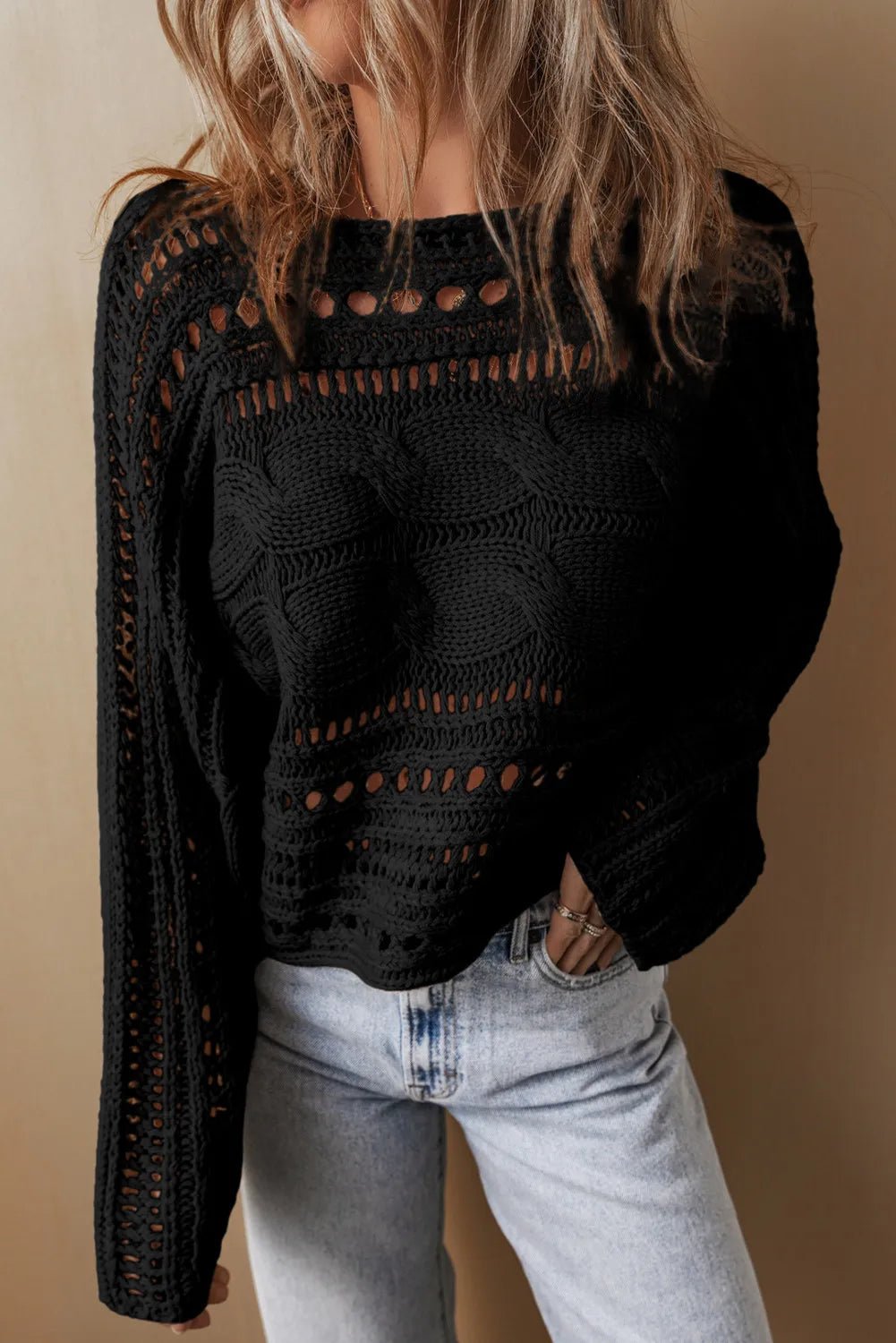 Cable - Knit Openwork Long Sleeve Sweater - JUST - JEN BOUTIQUE