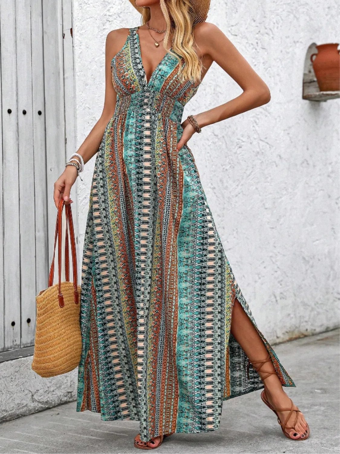 Tied Back Printed Sleeveless Maxi Slit Dress - JUST - JEN BOUTIQUE