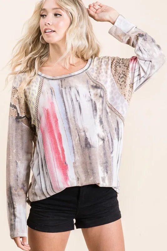 BiBi Tie Dye Knit Top with Print Block Shoulder - JUST - JEN BOUTIQUE