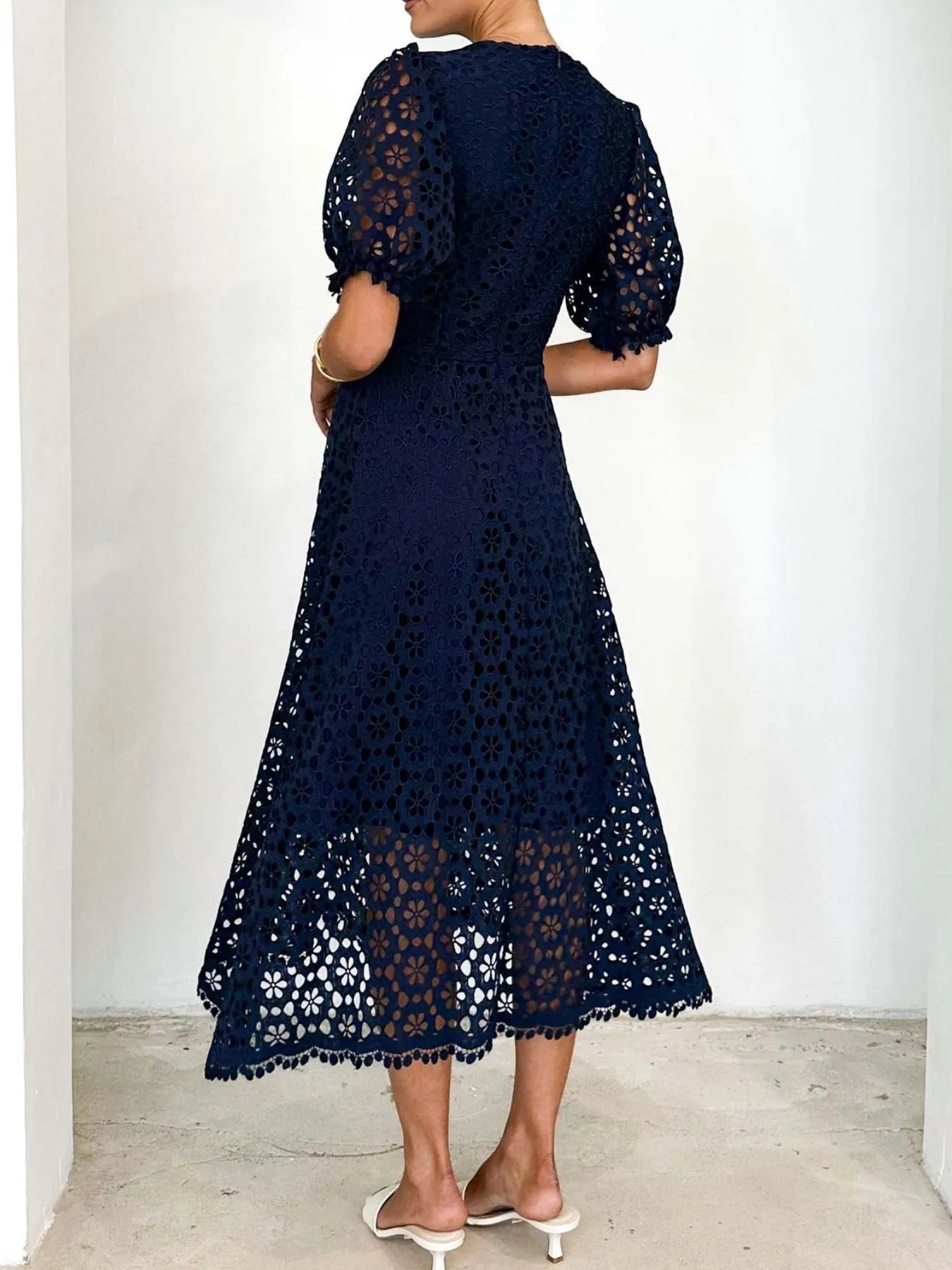 Eyelet Lace V - Neck Midi Dress with Puff Sleeves - JUST - JEN BOUTIQUE
