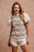BiBi Ruffle Neckline Blouse With Embroidery Bubble Sleeve - JUST - JEN BOUTIQUE