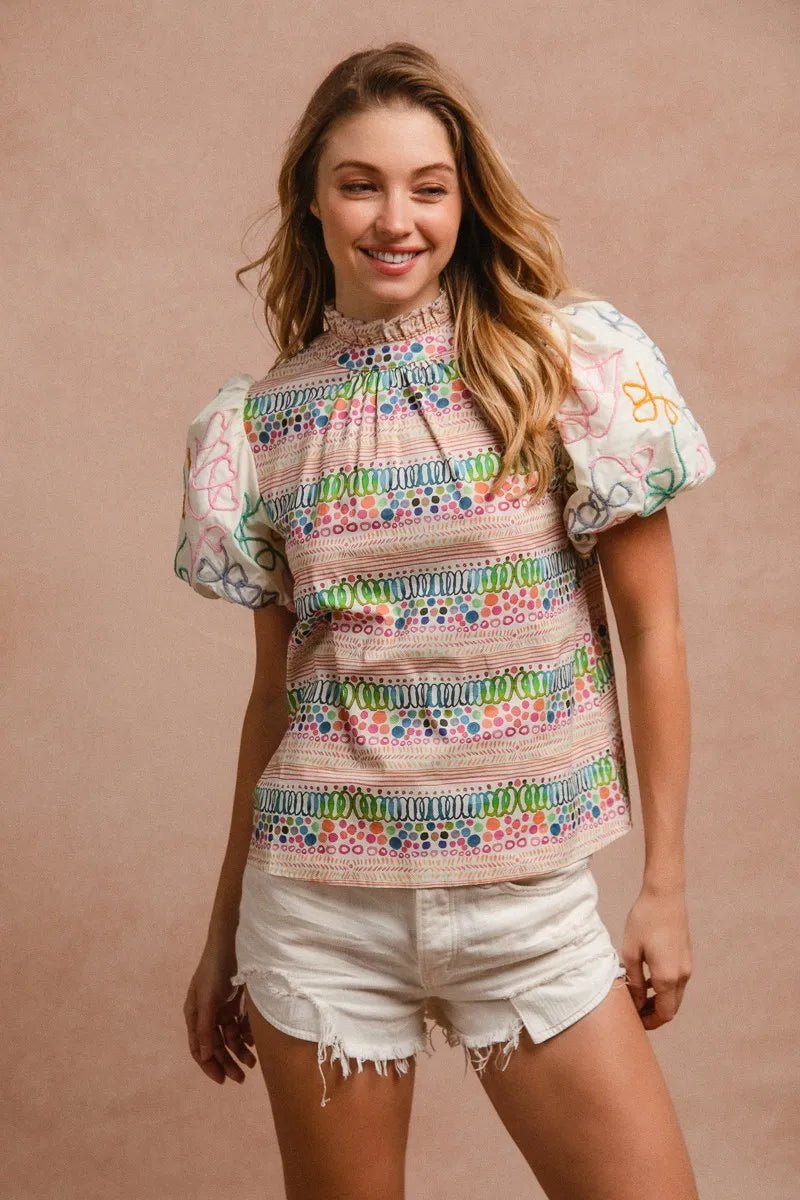 BiBi Ruffle Neckline Blouse With Embroidery Bubble Sleeve - JUST - JEN BOUTIQUE