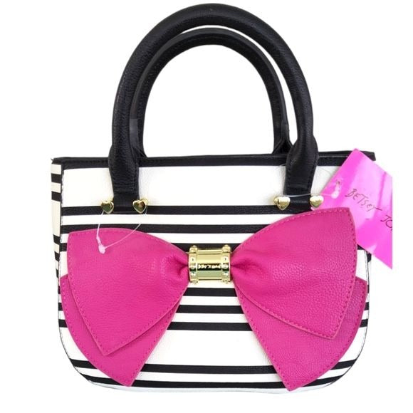 Betsy Johnson Designer Pink Bow Half Moon Stripe Crossbody Satchel Bag  NWT!!