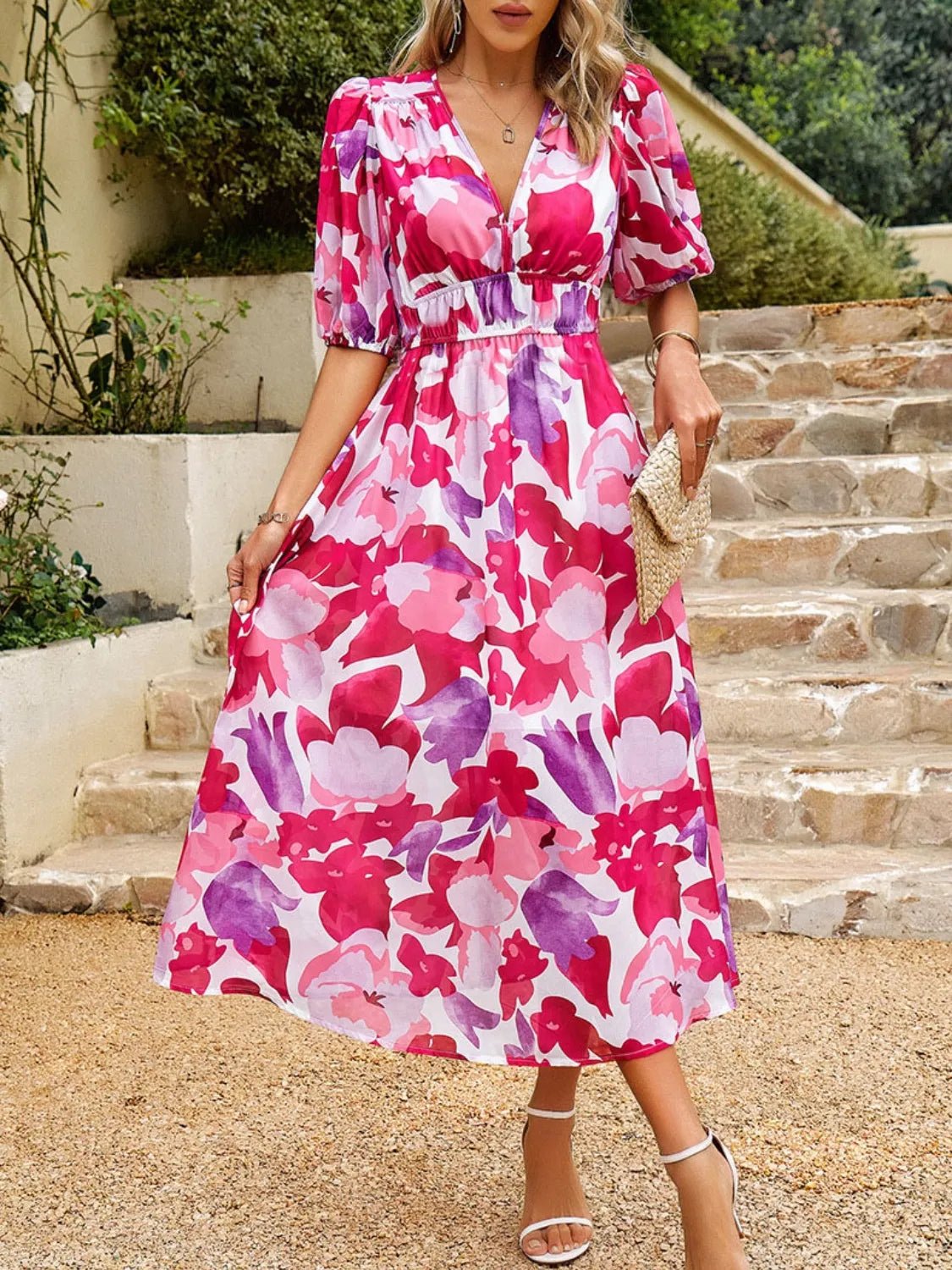 Printed Puff Sleeve Midi Dress - JUST - JEN BOUTIQUE