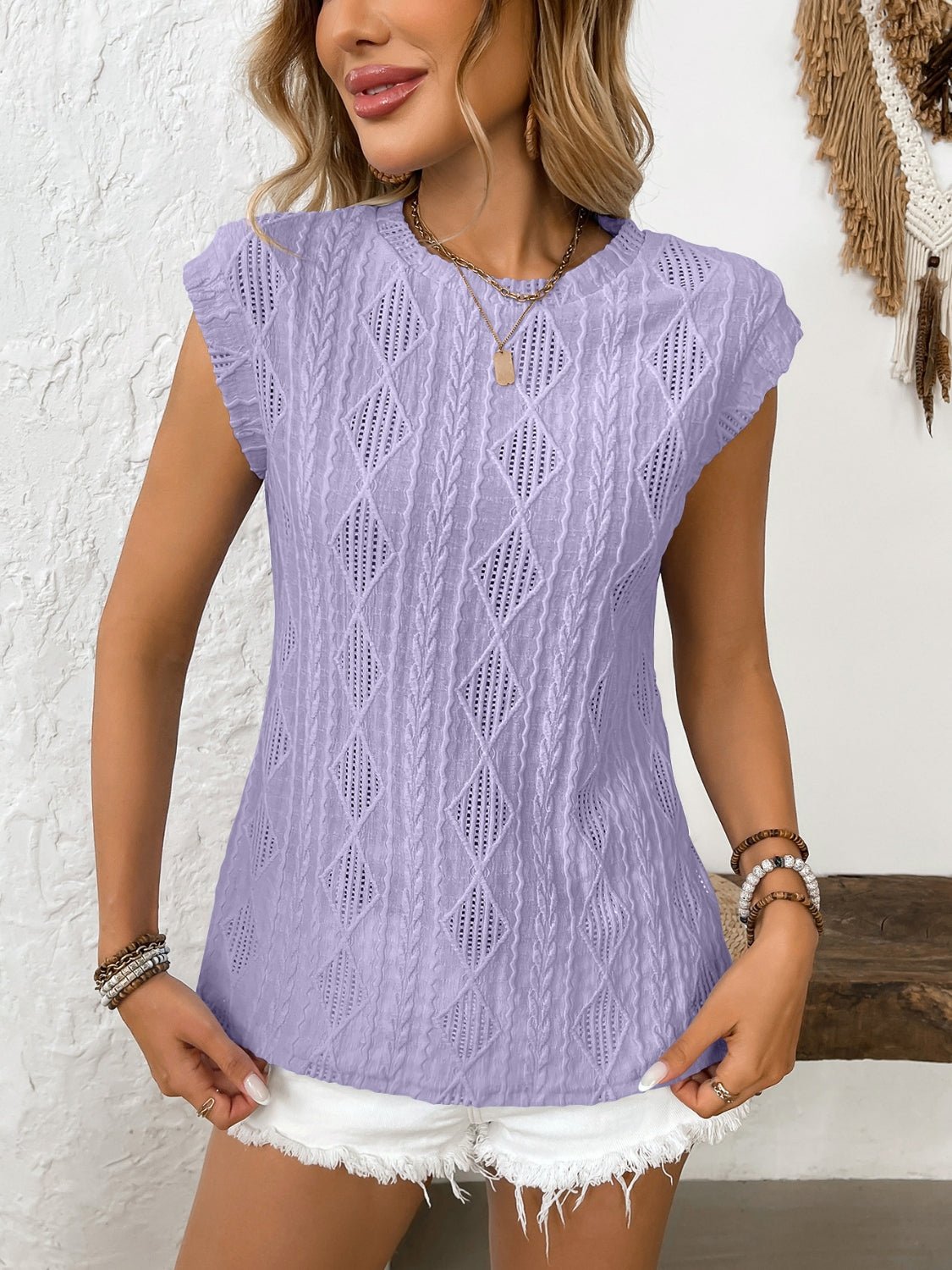 Eyelet Round Neck Cap Sleeve Top - JUST - JEN BOUTIQUE