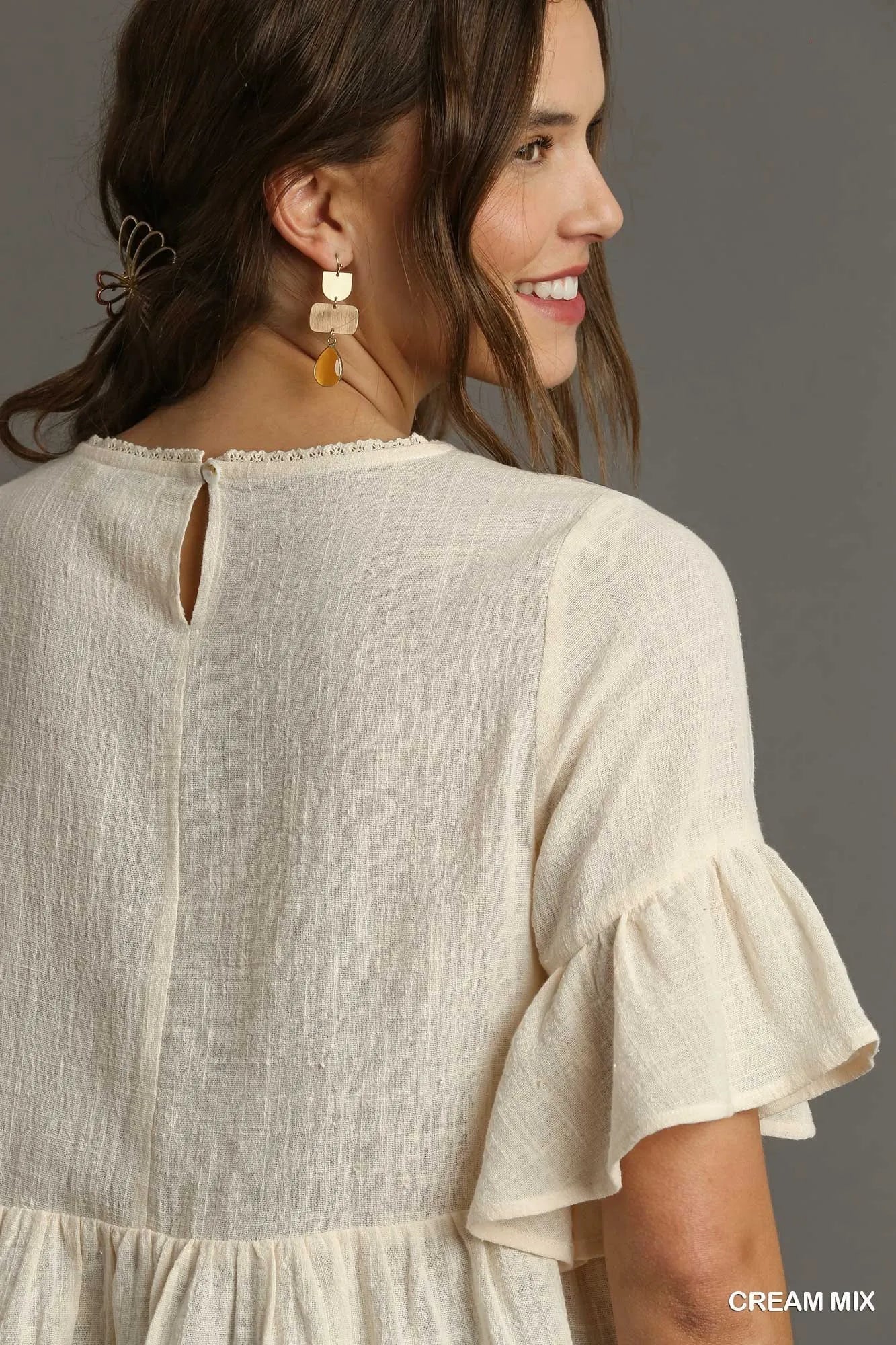 Umgee Floral Lace Trimmed Detail Half Sleeve Babydoll Top - JUST - JEN BOUTIQUE