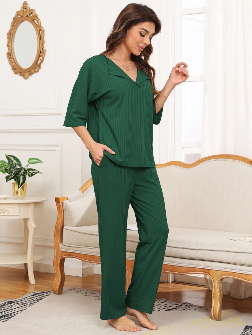 Ribbed Half Sleeve Top and Pocketed Pants Set - JUST - JEN BOUTIQUE