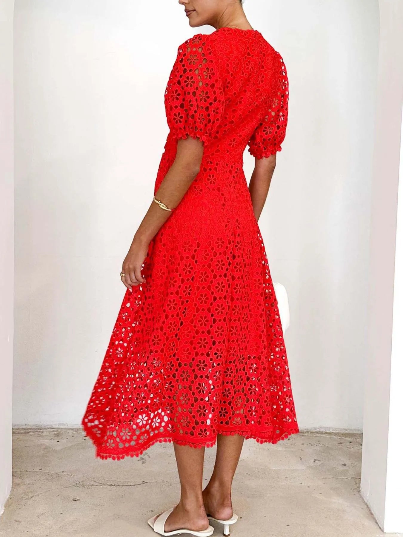 Eyelet Lace V - Neck Midi Dress with Puff Sleeves - JUST - JEN BOUTIQUE