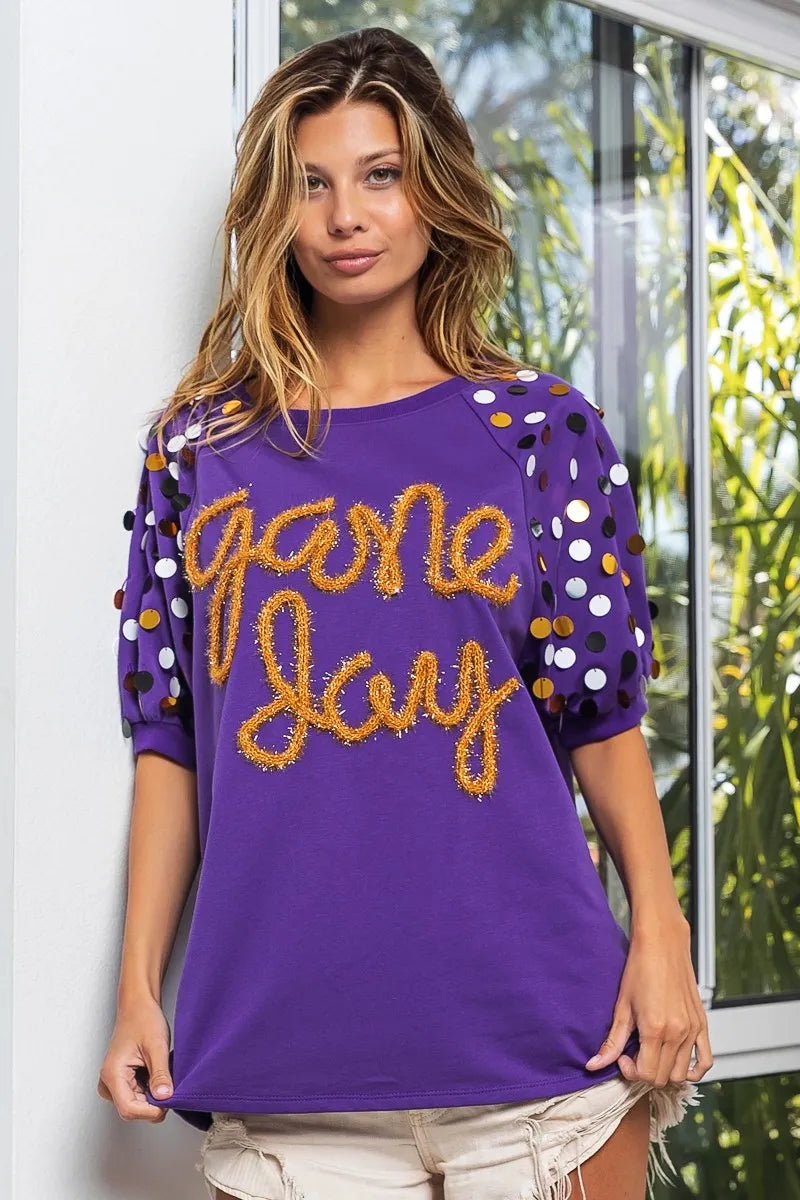 BiBi Game Day Metallic Letter Spangle Sleeve Top - JUST - JEN BOUTIQUE